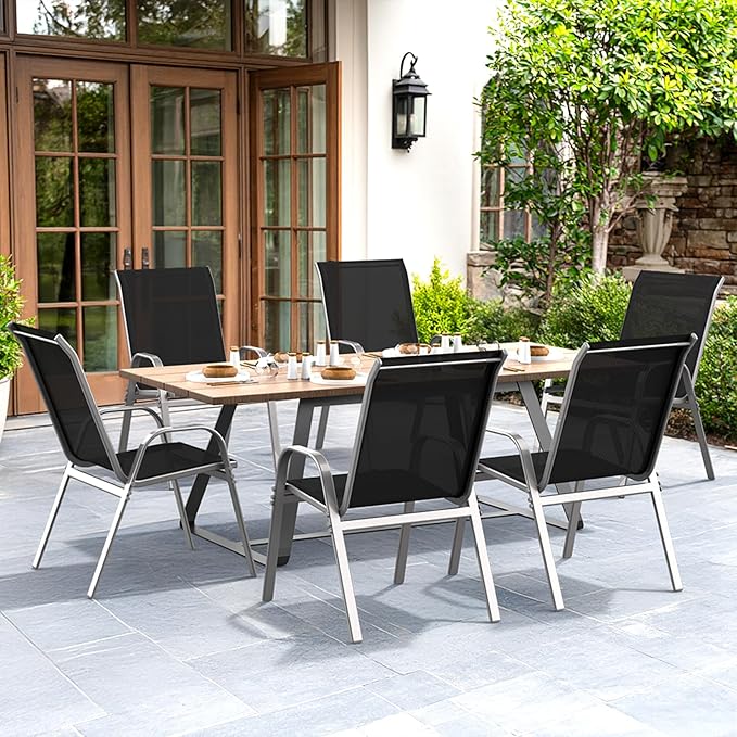 Patio Chairs Set of 6, Easily Set Up Stackable Outdoor Dining Chairs with High Back and Wide Seat, All Weather Breathable Outdoor Chairs Set of 6 with Metal Frame for Backyard Deck Pool, Black - Image 2