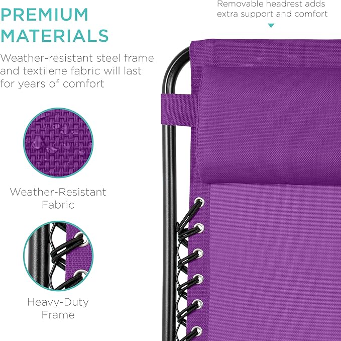 Best Choice Products Set of 2 Adjustable Steel Mesh Zero Gravity Lounge Chair Recliners w/Pillows and Cup Holder Trays - Amethyst Purple - Image 7