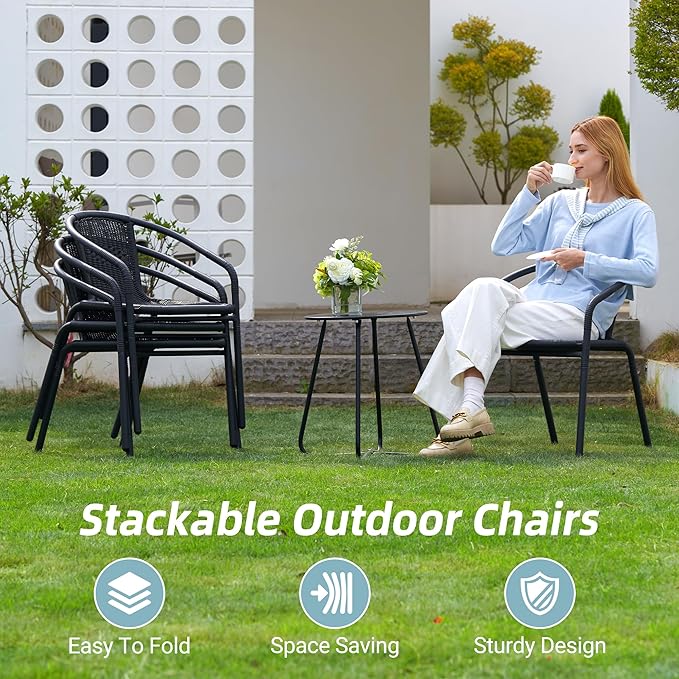 Amopatio Outdoor Dining Chairs Set of 4, Stackable Patio Chairs, Rattan Wicker Patio Chairs Set of 4, Bistro, Garden, Yard, Porch, Black - Image 3
