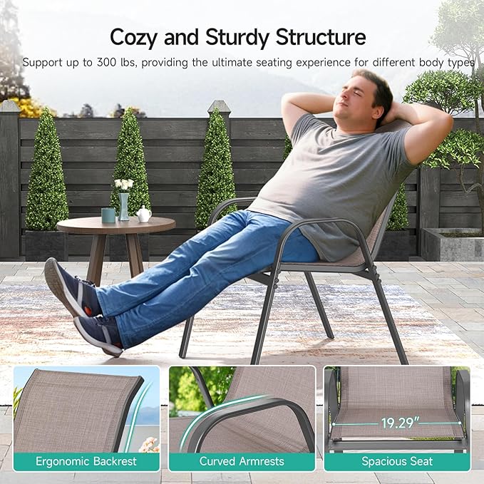 Patio Chairs Set of 2, Easily Set Up Stackable Outdoor Dining Chairs with High Back and Wide Seat, All Weather Breathable Outdoor Chairs Set of 2 with Metal Frame for Backyard Deck Pool, Brown - Image 7