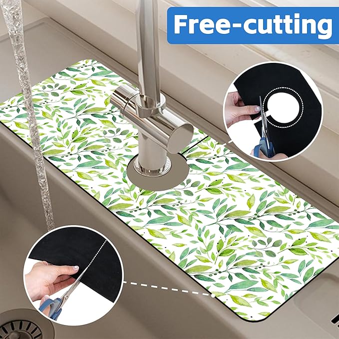 Tropical Eucalyptus Leaves Kitchen Sink Splash Guard Mat Absorbent Fast Drying - Image 7