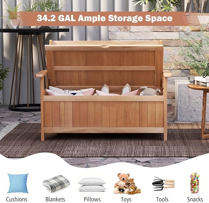 Tangkula 48 Inch Outdoor Wood Storage Bench Deck Box, Wooden Storage Loveseat with 34.2 Gal Inner Space, Entryway Bench Deck Box with Slatted Backrest, Storage Seat for Garden, Lawn, Balcony & Porch - Image 6