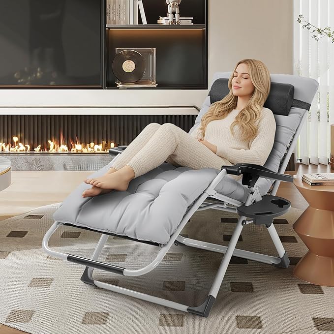 VINGLI 29" Padded Zero Gravity Chair, Lounge Chair with Removable Cushion & Tray， Folding Reclining Patio Chairs， Recliner Chair for Lawn，Indoor Outdoor-Grey - Image 2