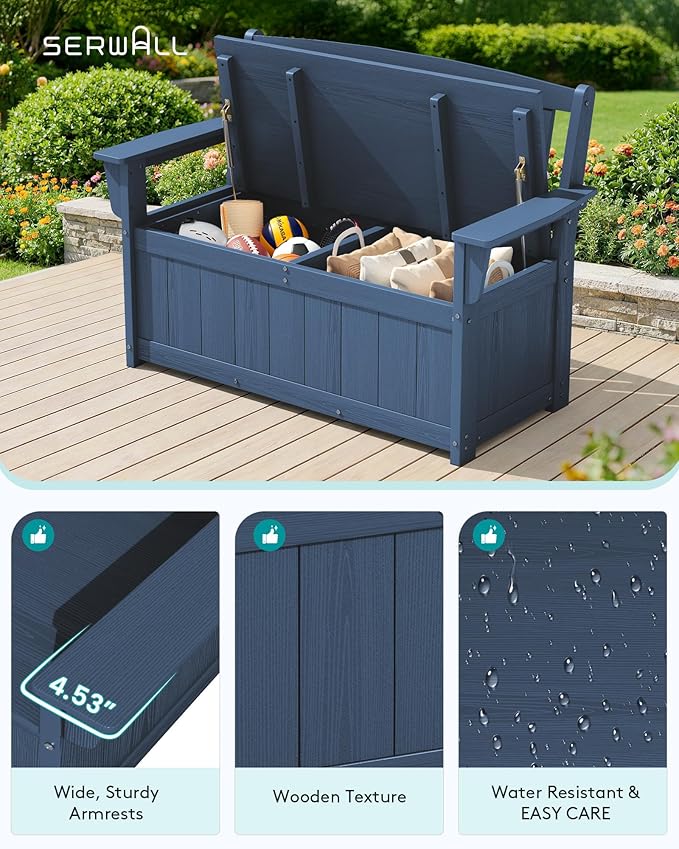 SERWALL HDPE Outdoor Storage Bench, All-Weather, UV-Resistant Deck Box with Waterproof Storage Bags, 57 Gallon Dual-Use Seat & Organizer Deck Boxes for Patio, Garden Tools & Pool (Navy Blue) - Image 5
