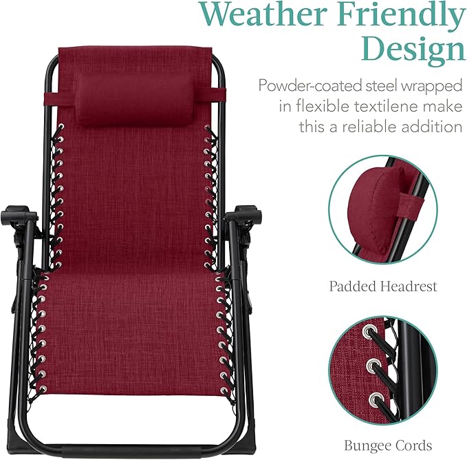 Best Choice Products Oversized Zero Gravity Chair, Folding Outdoor Patio Recliner, XL Anti Gravity Lounger w/Removable Cushion, Cup Holder, Side Tray, 350lb Capacity - Burgundy - Image 4