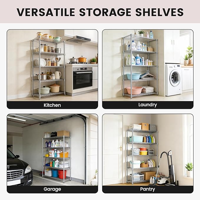 Xcity Storage Shelves, 5 Tier Heavy Duty Metal Shelving Unit, 2000 LBS Capacity Adjustable Steel Wire Shelf Organizer for Pantry, Kitchen, Garage, 14" D x 30" W x 60" H, Chrome - Image 7
