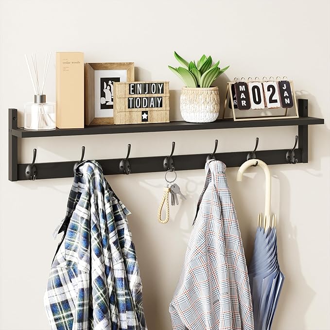 BAMEOS Wall Hooks with Shelf 35 Inch Length Entryway Hanging Shelf Wood Coat by BAMEOS