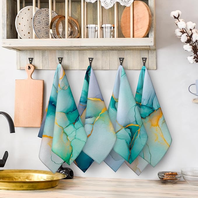 Teal Gold Kitchen Towel Set of 4 Soft Absorbent Marble Texture Turquoise - Image 6