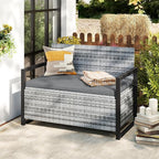 RELAX4LIFE Wicker Outdoor Bench with Storage - Rattan Deck Box w/Protective Liner for Pillows, Pool Supplies, Garden Tools, Patio Loveseat with Seat Cushion & Metal Armrests for Backyard Porch Balcony - Image 2