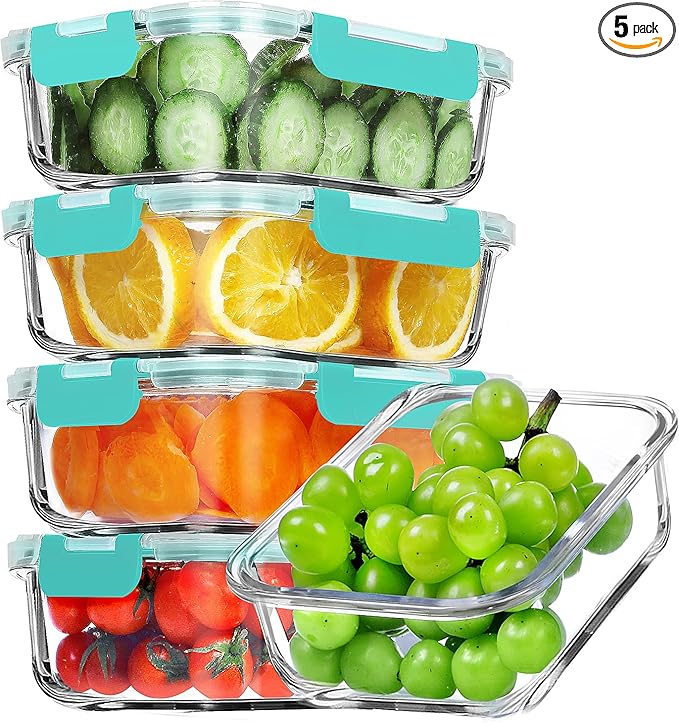 VERONES 5 Pack 36 OZ Glass Meal Prep Containers, Airtight Glass Lunch by VERONES