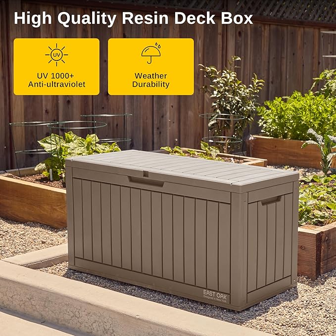 EAST OAK Outdoor Storage Box, 60 Gallon Deck Box Indoor and Outdoor Use, Waterproof Resin Storage Bin for Patio Cushions, Gardening Tools, Lockable, UV Resistant, Brown - Image 3