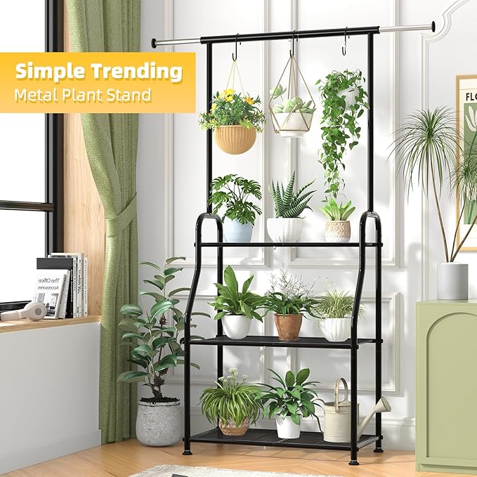 Simple Trending Plant Stand Indoor Outdoor, Heavy Duty Metal 3 Tiered Hanging Plant Shelf for Multiple Flower Planter Holder Tall Large Rack for Living Room Garden Balcony, Black - Image 4