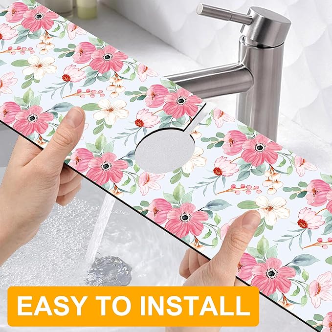 2 Pack Watercolor Floral Sink Faucet Absorbing Mat White Pink Flowers Super - Image 4