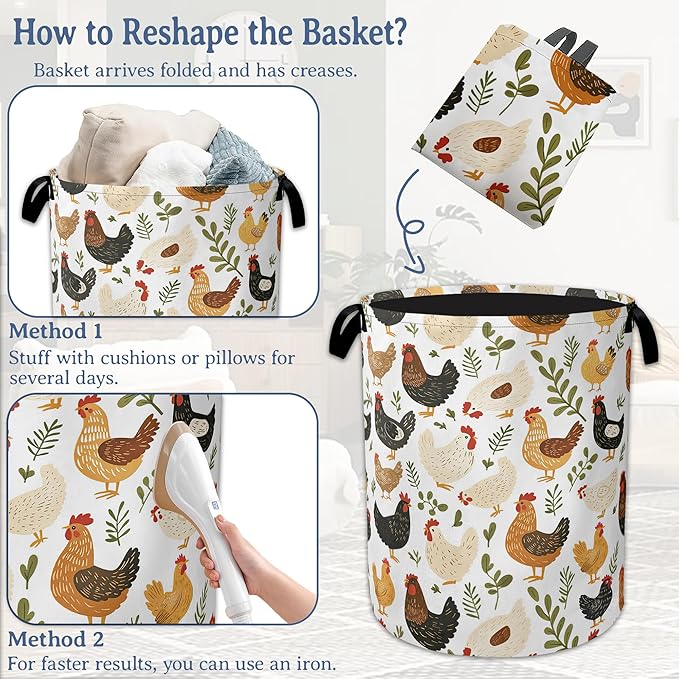 Rooster Hen Chick Laundry Basket, Foldable Waterproof Oxford Cloth Tote Bag - Image 6