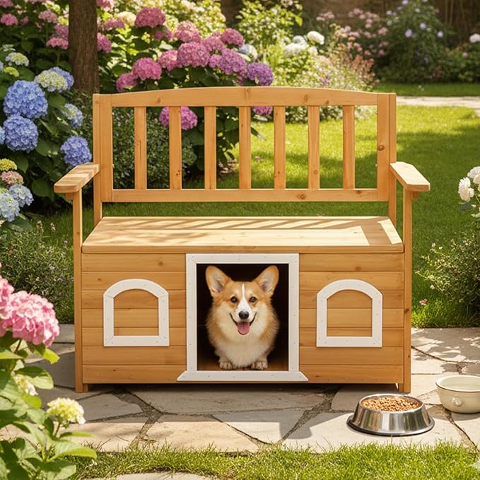 VINGLI Outdoor Storage Bench with Built-in Dog House, 2-in-1 Outdoor Waterproof Patio Bench with Pet Kennel for Patio Backyard Porch (Natural) - Image 8