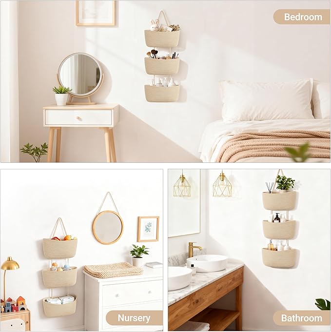 Dahey Over The Door Hanging Basket 3-Tier Woven Boho Wall Mounted Storage - Image 7