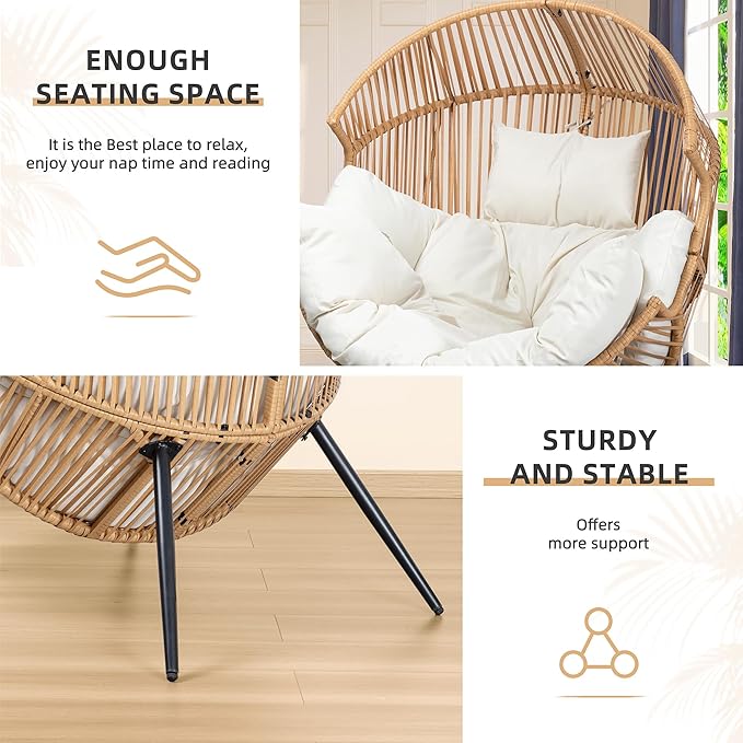 Vongrasig Wicker Egg Chair PE Rattan Chair with Cushion, Oversized Patio Lounge Chair for Outdoor, Indoor, Balcony, Backyard, Garden, Living Room, Beige - Image 6