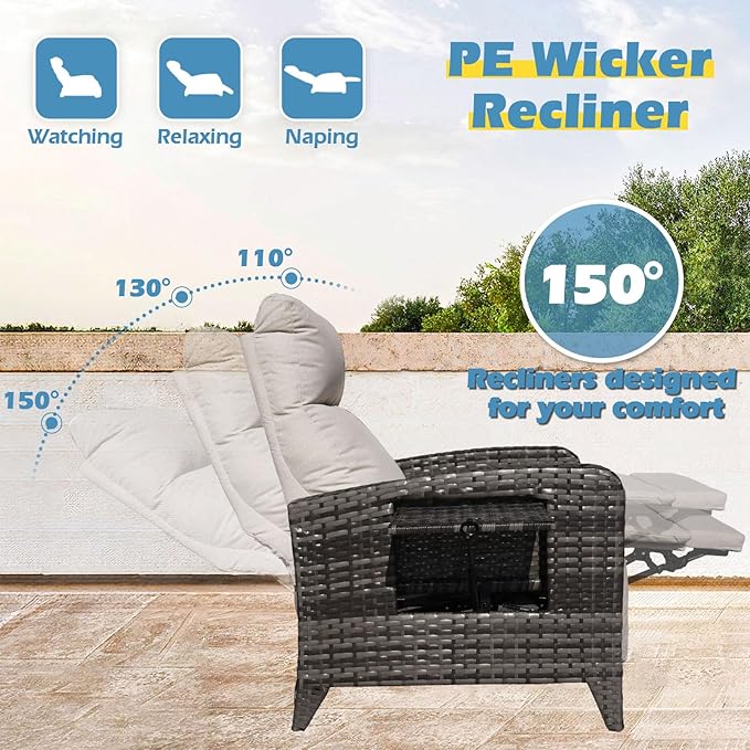Upgraded Outdoor Recliner Chair, Reclining Patio Chairs with Adjustable Back up to 150°Lay Flat and Extended Footrest, Wicker Recliner Chairs with Flip Table and Removable Olefin Cushion - Image 3