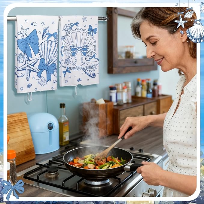 Breling Set of 6 Coastal Beach Kitchen Towels Blue Bow Dish Towel Bathroom - Image 4