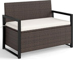 RELAX4LIFE Wicker Outdoor Bench with Storage - Rattan Deck Box w/Protective Liner for Pillows, Pool Supplies, Garden Tools, Patio Loveseat with Seat Cushion & Metal Armrests for Backyard Porch Balcony by RELAX4LIFE