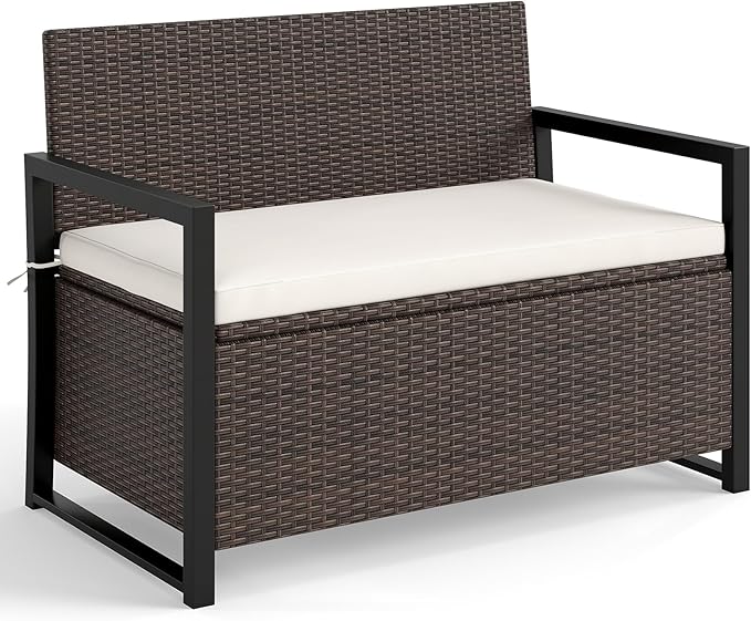 Tangkula 40 Gallon Outdoor Bench with Storage, Patio Wicker Storage Bench with Cushion, Cover, Metal Frame, Deck Box Seat for Backyard, Poolside, Balcony, Garden by TANGKULA