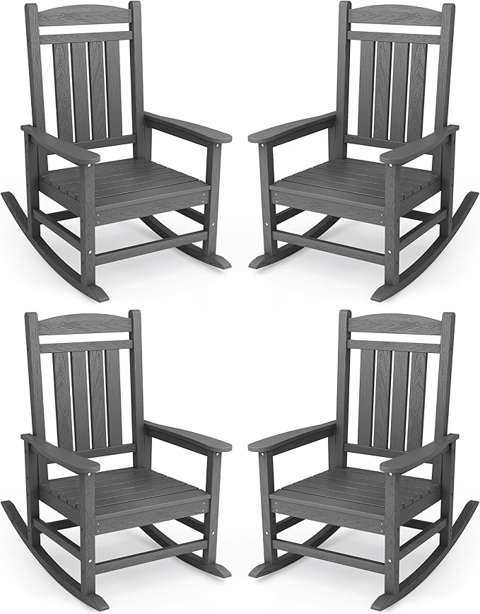 KINGYES Oversized Outdoor Rocking Chair Set of 4, High Density Polyethylene Patio Rocking Chairs with 330lbs Support for Adults, Gray by KINGYES