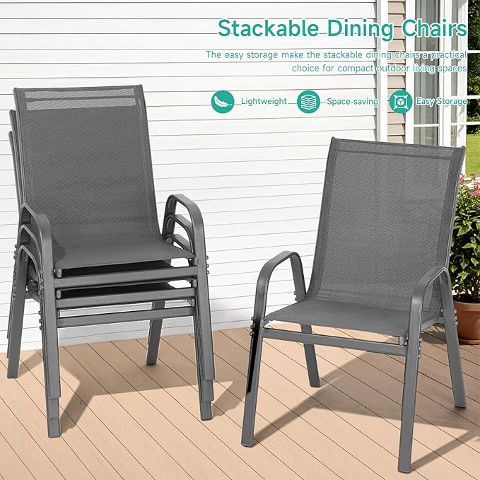 Patio Chairs Set of 6, All Weather Breathable Stackable Outdoor Dining Chairs with High Back and Wide Seat, Easily Set Up Outdoor Chairs Set of 6 with Metal Frame for Backyard Garden Pool, Grey - Image 5
