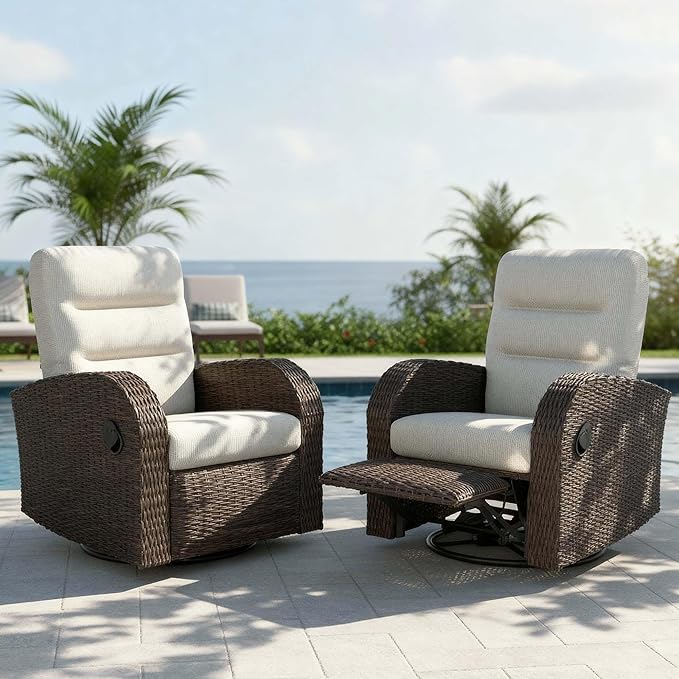 Outdoor Swivel Recliner Chair Set of 2, All-Weather Wicker Reclining Patio Chair with Adjustable Backrest and Footrest by Vakollia