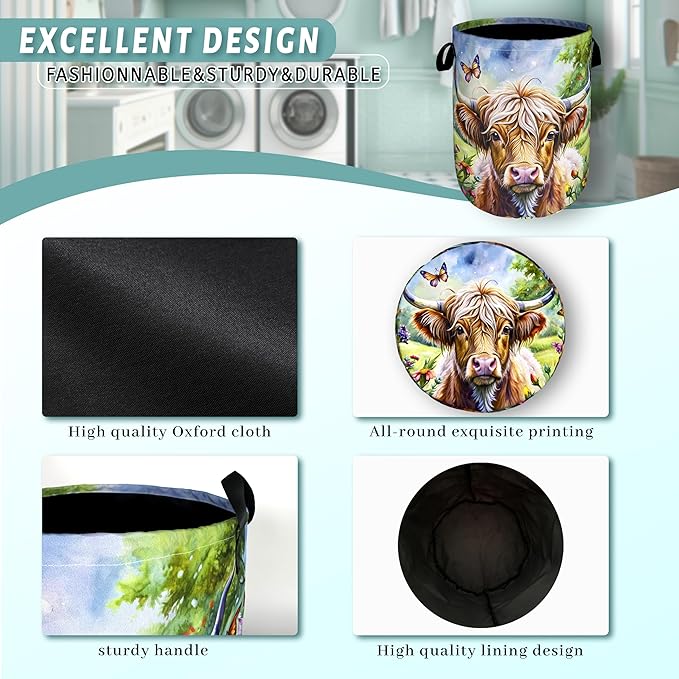 Highland Cow Laundry Basket Floral Foldable Funny Laundry Hamper Oxford Cloth - Image 4