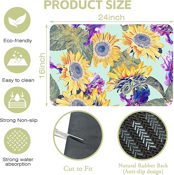 Dish Drying Mat Watercolor Sunflowers Irisflowers Floral Kitchen Mat 16"x24" - Image 4