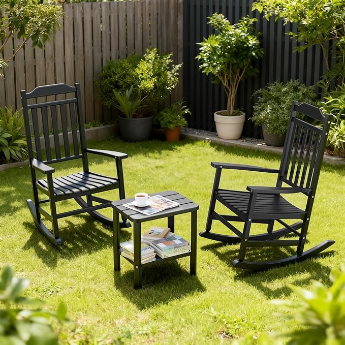 3 Piece Outdoor Rocking Bistro Set, Rocking Chairs Outdoor Furniture, Resin Waterproof Sun-Proof Patio Furniture Set for Garden, Pool, Backyard（3, Black） - Image 2