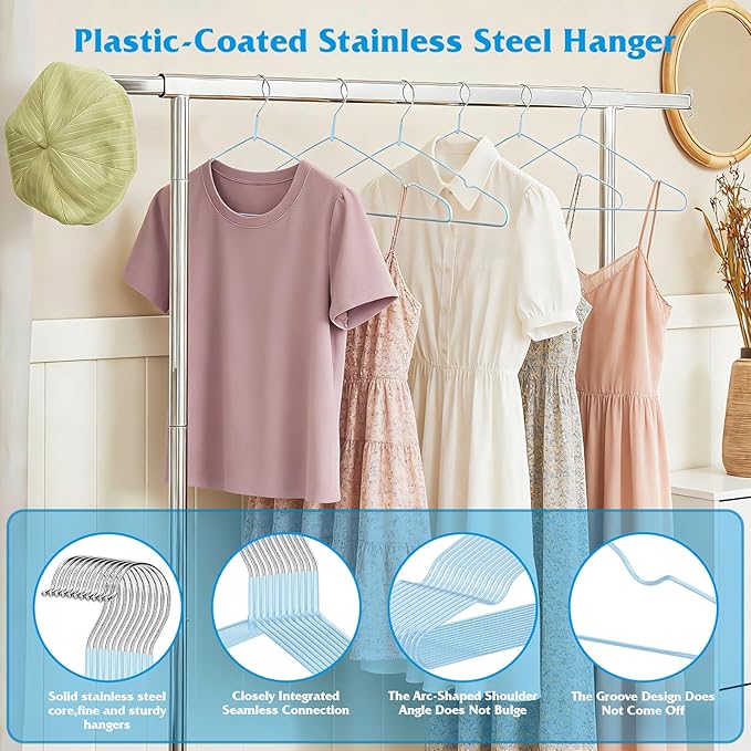 150 Pack Clothes Hangers, Non Slip Blue Plastic Coated Metal Coat Hanger - Image 4