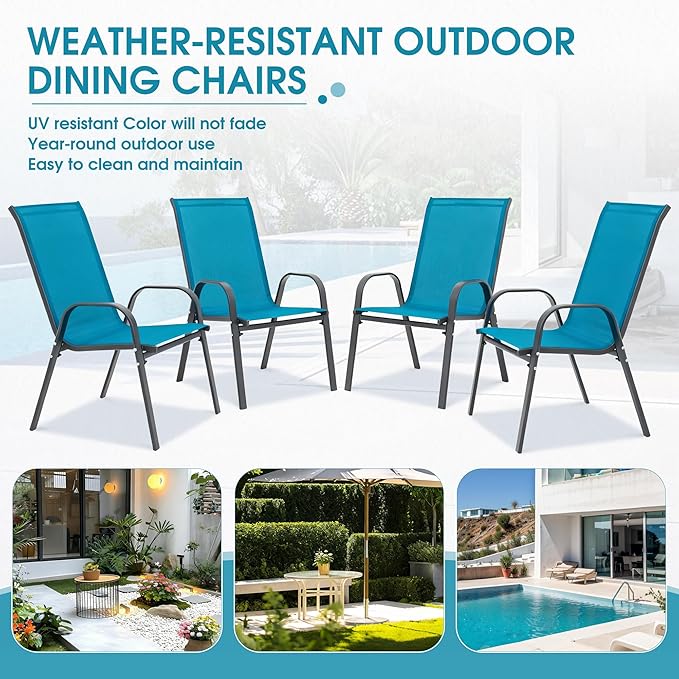 Outdoor Stackable Chairs Set of 4, Stacking Patio Chairs with Textilene Fabric, Outside Furniture for Garden Backyard Balconie Poolside Deck, Blue - Image 6