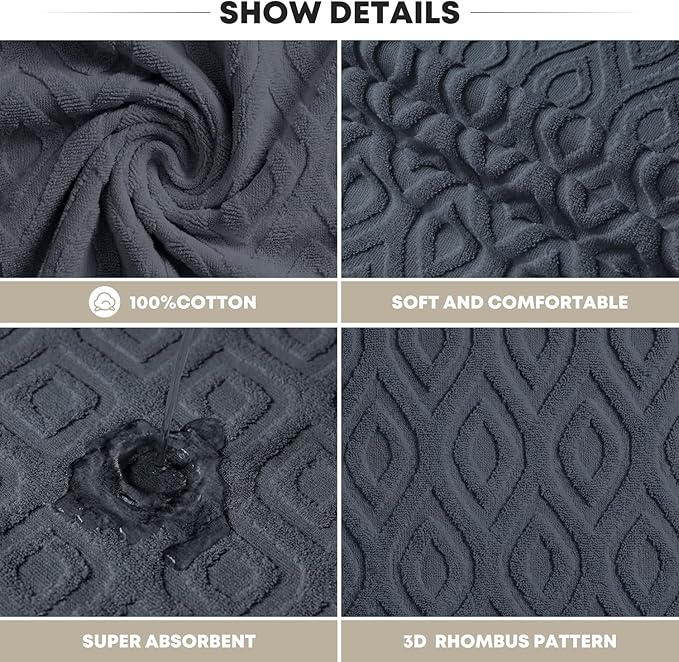 Artoid Mode 2 Pcs Grey 3D Diamond Grid Jacquard Hand Towels - Image 7