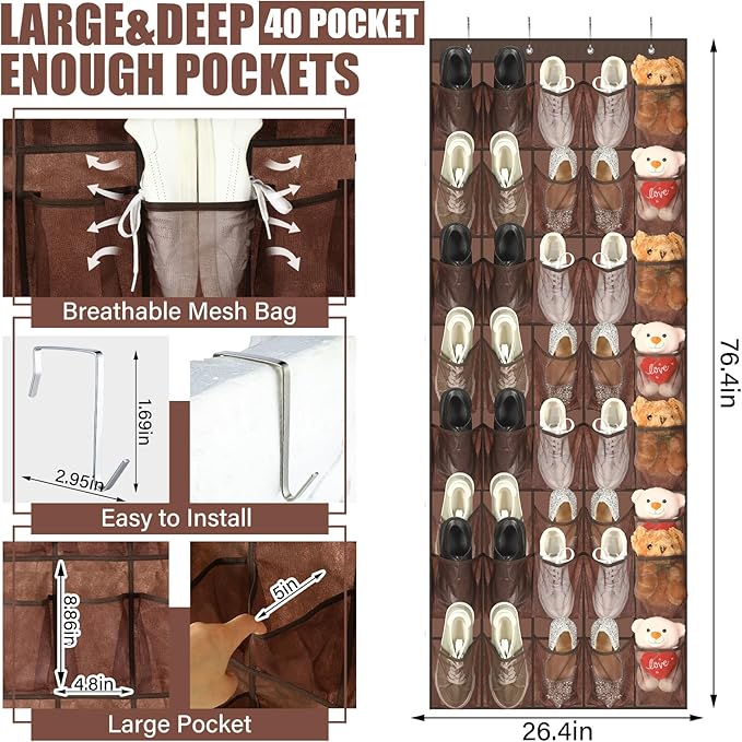 Windyun 40 Over the Door Shoe Organizer Large Breathable Mesh Pockets Hanging - Image 3