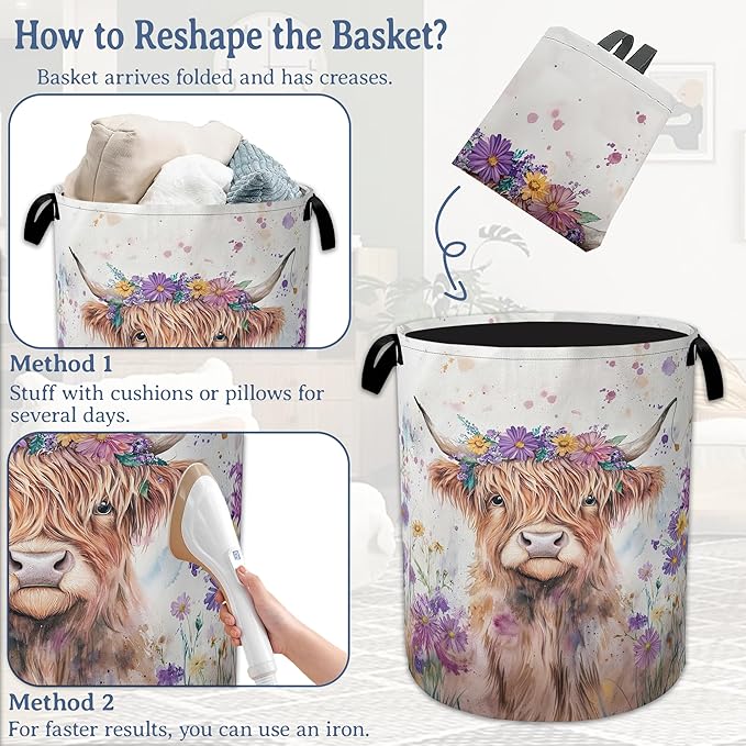 Highland Cow Laundry Basket, Foldable Oxford Cloth Flower Funny Laundry Hamper - Image 6