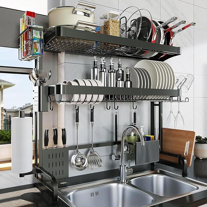 Over The Sink Dish Drying Rack, 3 Tier Adjustable Length Full Stainless Steel by LIVOD