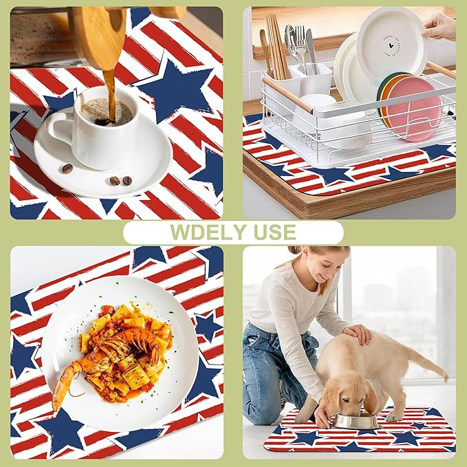 Dish Drying Mat Watercolor Blue Star Red Stripes Kitchen Mat 16"x24" Bsorbent - Image 7