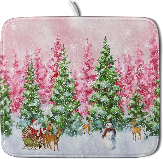 Santa Claus Dish Drying Mats for Kitchen Counter Watercolor Forest Decoration by Giwawa