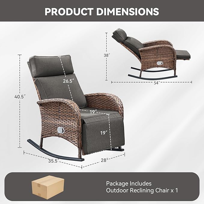 Zero Gravity Patio Rocking Wicker Recliner Chair - Wicker Outdoor Lounge Chair with Adjustable Backrest & Footrest, All Weather Reclining Rocker Chairs with Thick Cushion for Pool Deck Gray - Image 2