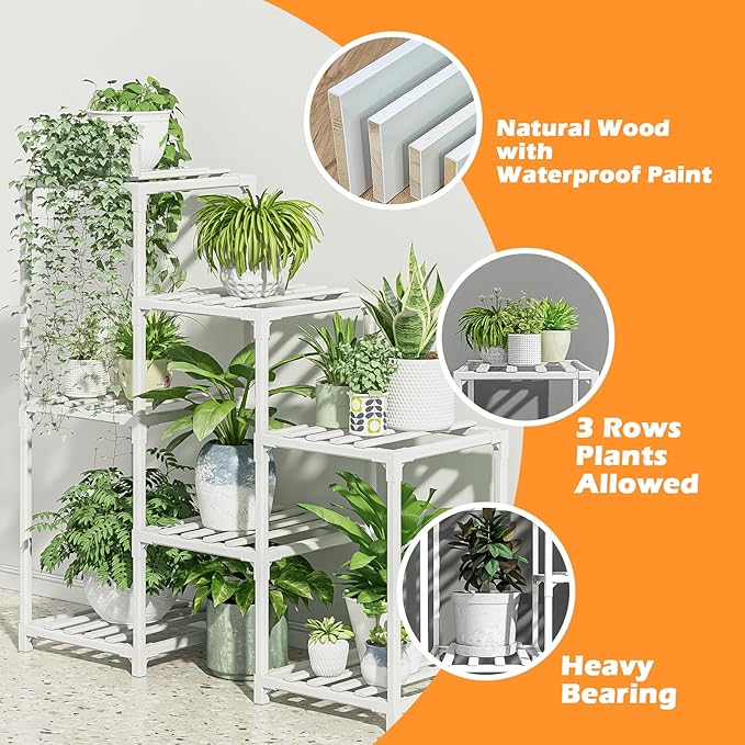 Bamworld Indoor Plant Stand Outdoor White Shelf Bamboo Plant Table for Multiple Plants 3 Tiers 7 Pots Ladder Holder Pot Window Garden Balcony Living Room - Image 6