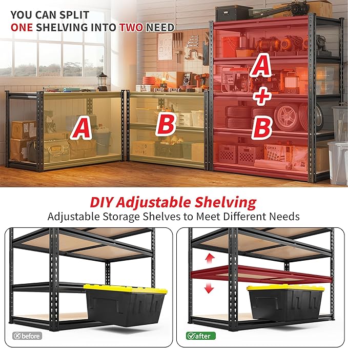 REIBII 2400LBS Storage Shelves 5 Tier Garage Shelving Heavy Duty, Adjustable Metal Shelving Unit, Garage Shelves for Basement, Warehouse, Pantry, Closet, Kitchen 72" H x 35.55" W x 16" D, Black - Image 6