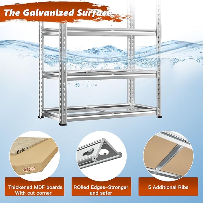 REIBII Garage Shelving, 5 Tier Storage Shelves Load 2400LBS, Adjustable Garage Shelves Heavy Duty, Metal Shelving Unit with Waterproof Columns for Warehouse, 35.5" W x 11.9" D x 72" H, Galvanized - Image 5
