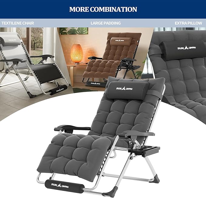 UDPATIO Oversized Zero Gravity Chair 29In XL Patio Reclining Chair with Cushion, Outdoor Folding Recliner with Pillows|Cup Holder|Foot Rest|Padded Headrest, Burgundy, Support 500LB - Image 3