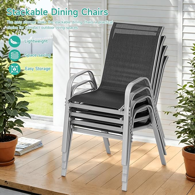 Patio Chairs Set of 4, Easily Set Up Stackable Outdoor Dining Chairs with High Back and Wide Seat, All Weather Breathable Outdoor Chairs Set of 4 with Metal Frame for Backyard Deck Pool, Black - Image 5