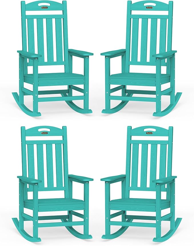 Oversized Rocking Chairs Outdoor Set of 4, High Back Porch Rocking Chair, HDPE All Weather Resistant Patio Chairs, 380lbs Weight Capacity, Lake Blue by Suunyn