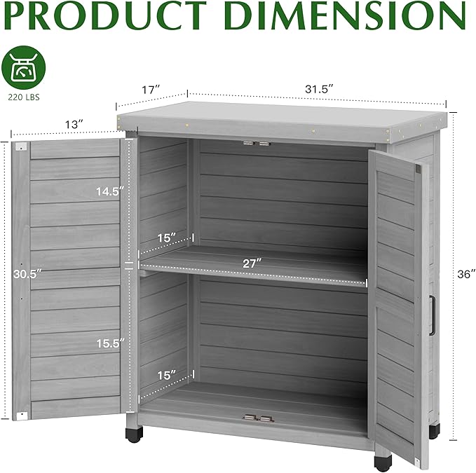 Outdoor Storage Cabinet & Potting Bench Table with Metal Top, Wooden Patio Furniture, Garden Workstation (Classic Grey, 36x31x17in) - Image 3