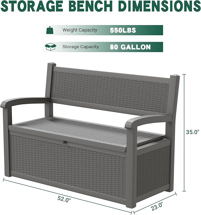 80 Gallon Outdoor Storage Box, Resin Patio Furniture with Armrest, Lockable Deck Box with Waterproof and UV Resistant for Patio Cushions, Garden Tools and Pool Supplies, Grey - Image 2