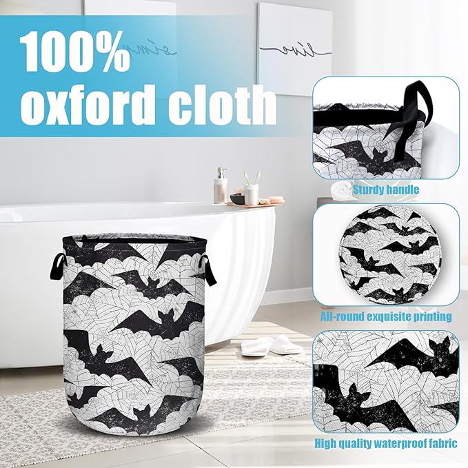 Retro Black White Bat Laundry Basket, Halloween Laundry Hamper Collapsible - Image 4
