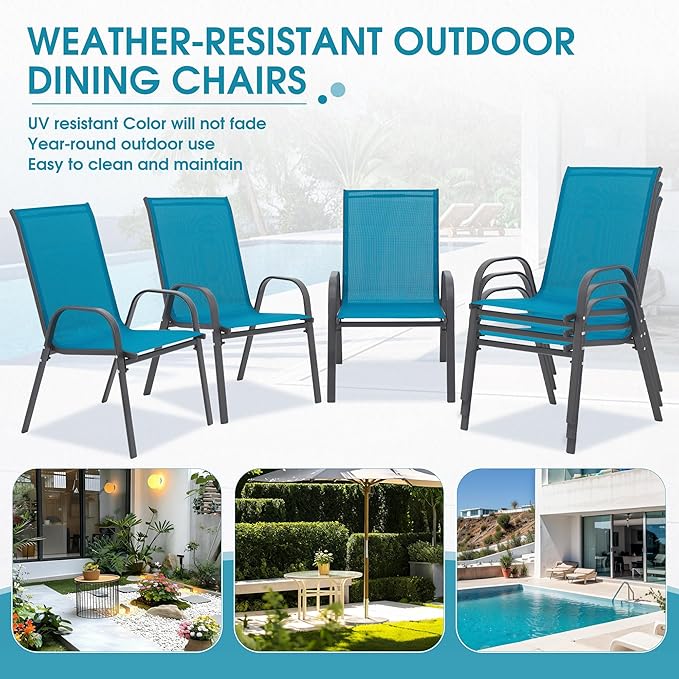 Outdoor Stackable Chairs Set of 6, Stacking Patio Chairs with Textilene Fabric, Outside Furniture for Garden Backyard Balconie Poolside Deck, Blue - Image 6